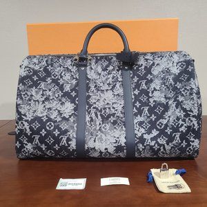 Louis Vuitton Blue Monogram Tapestry Denim Keepall Bandouliere 50